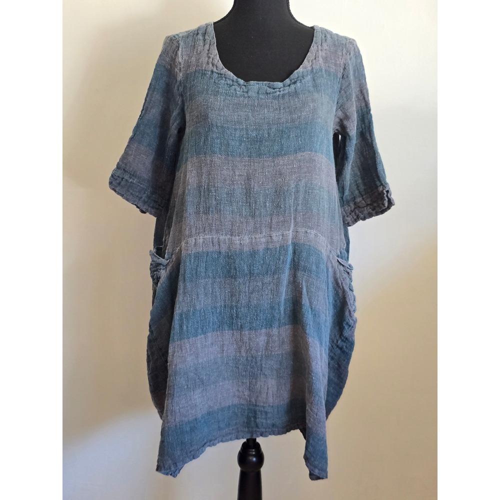Luukaa Women Tunic Top Large Blue Gray Striped Linen Pocket Lagenlook minimalist